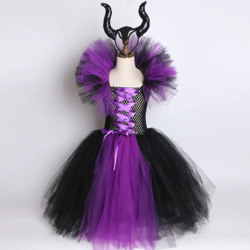 

Europe And America Children Halloween Dress Girls Gauze Tutu Maleficent Witch Formal Dress with Headband Set