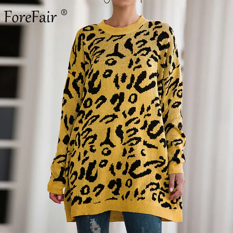 Forefair, Леопардовый Повседневный свитер выше размера, женский, осень, зимний, вязаный, с животным принтом, размера плюс, свободный, длинный, женский свитер - Цвет: Yellow Sweater
