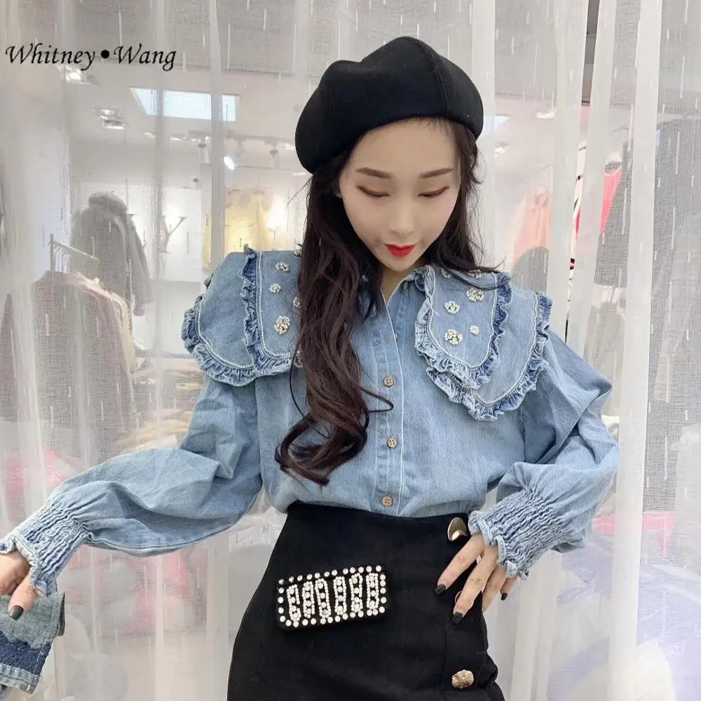 Женская Джинсовая блузка WHITNEY WANG с воротником Питер Пэн украшенная бусинами и