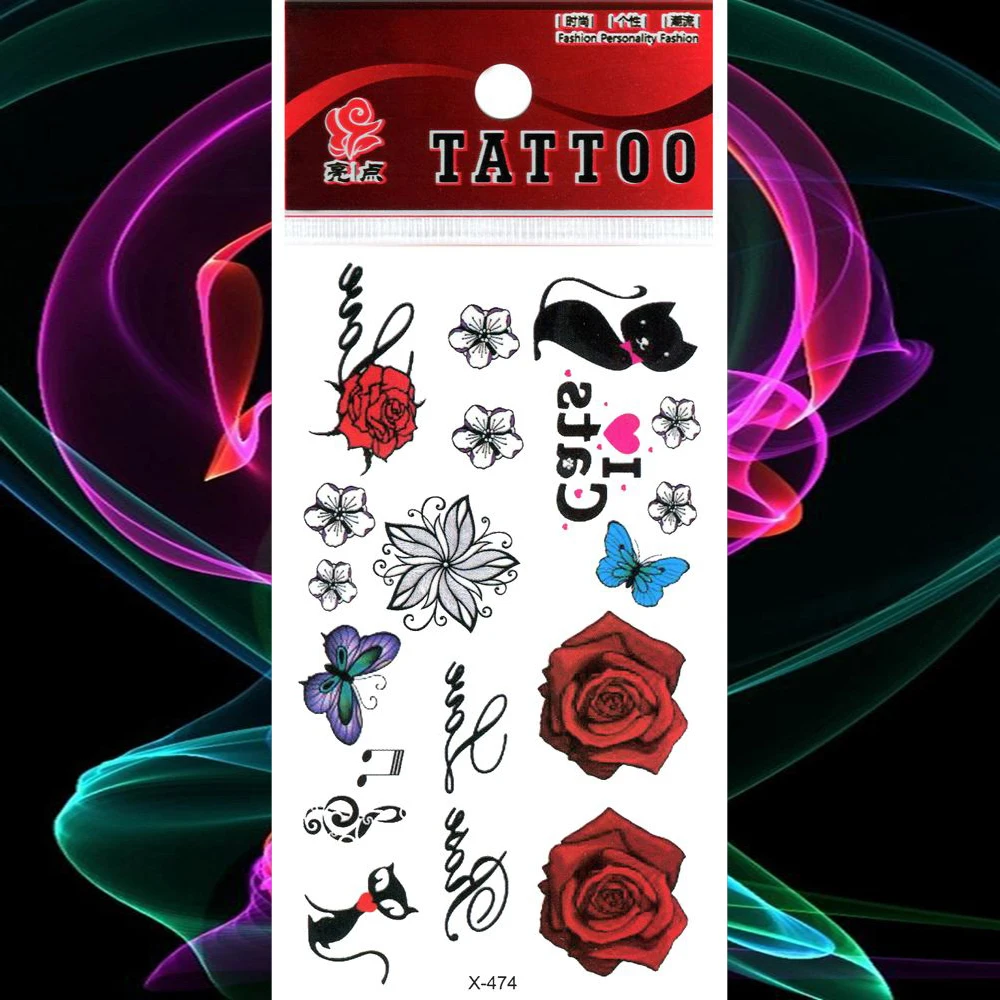 Цветок розы водонепроницаемый стикер татуировки Любовь временные бабочка кошка