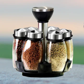 

7pcs Creative Rotary Spice Jar Glass Seasoning Box Salt Jar Spices Bottle Set Household Kitchen Storage Supplies