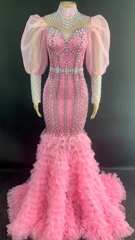 

Sexy Lady Elegant Beautiful Bubble Sleeve Pleated Big Expansion Gauzy Skirt Bottom Design Fashion Barbie Pink Long Pearls Dress