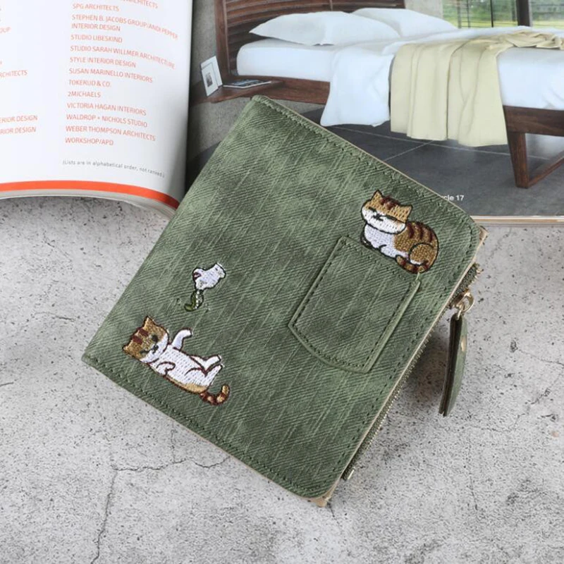 Green Женские квадратные кошельки с рисунком кошки, держатели, кошелек, женский кожаный кошелек на молнии, кошельки для денег, модный клатч - Цвет: Green