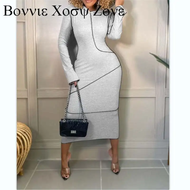 

Women Solid Color Long Sleeve Contrast Piping Hooded Sweatshirt Dress