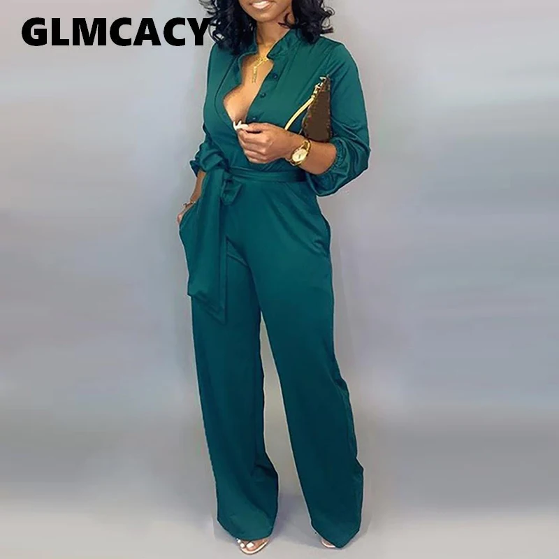

Plus Size Women Button Up Self Belted Pocket Jumpsuit Solid Casual Long Jumpsuit Elegant Office Workwear Chic Fall Streetwear