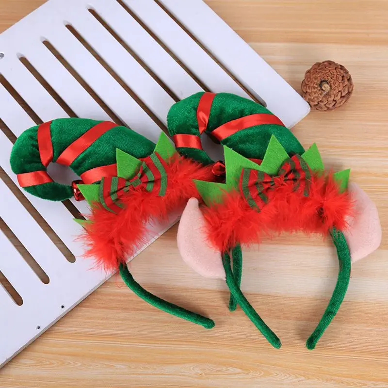 Children Adult Christmas Santa Elf Hat Hair Hoop Clasp Contrast Color Fluffy Bowknot Headband With Jingle Bell Cosplay Costume