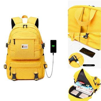 

New backpack female oxford School bags Girls Laptop Backpacks Yellow Women USB Charging Bagpack For boys Teenage schoolbag