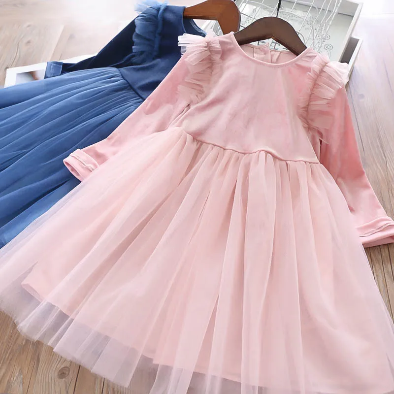 

Party Princess Corduroy Tutu Candy Pink Blue Color Clothes Western Birthday Fashion Ruffles Cute Girls Kids Tulle Dresses