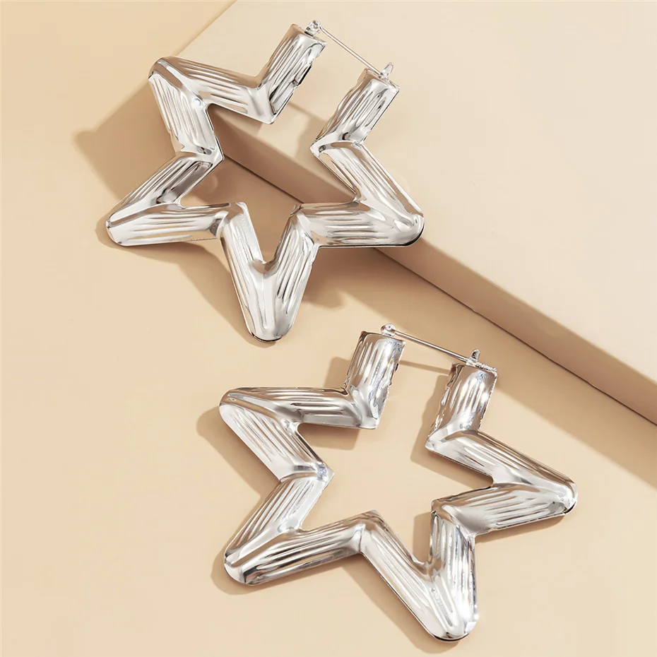 KunJoe 2021 New Punk Gold Color Big Star Hoop Earrings for Women Exaggerated Metal Geometric Earrings For Women Party Jewelry