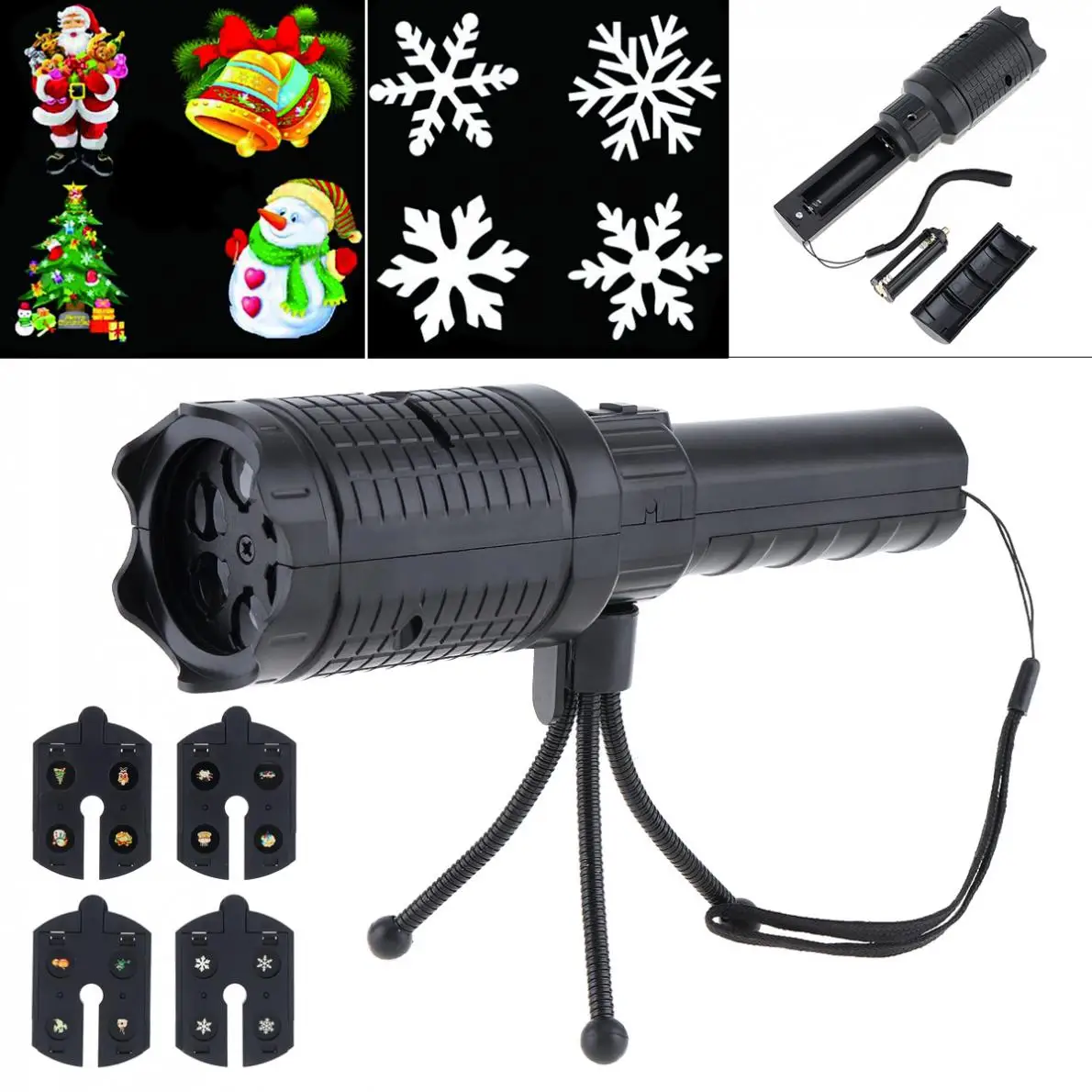 

LED Card Pattern Projection Flashlight Four Cards Powered By 18650 Battery + AAA Battery for Christmas Halloween Festival Party