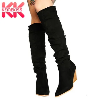 

KemeKiss New Fashion Women Boots Real Leather Pointed Toe Thick Heel Slip On Shoes Outdoor Party Shoes Size 33-48
