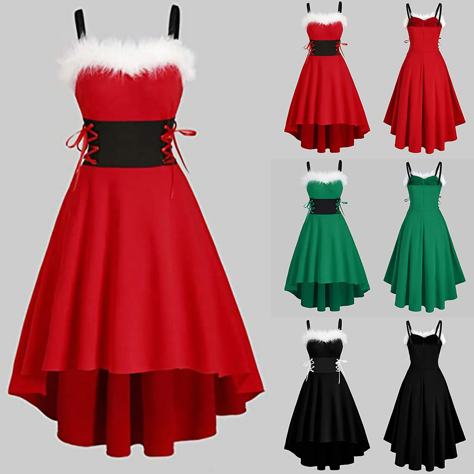 Christmas Dress Womens Off Shoulder Faux-fur Lace Up Asymmetrical High Low Midi Costume Dresses For Women Ropa De Mujer | Женская одежда