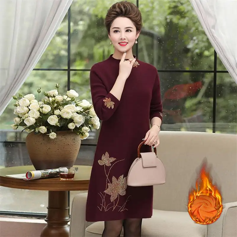 jiuH plus velvet 02 Большой размер 5XL осень зима женщины среднего возраста вязаные платья женские толстые теплые длинный рукав джемпер платье T231 - Цвет: jiuH plus velvet 02