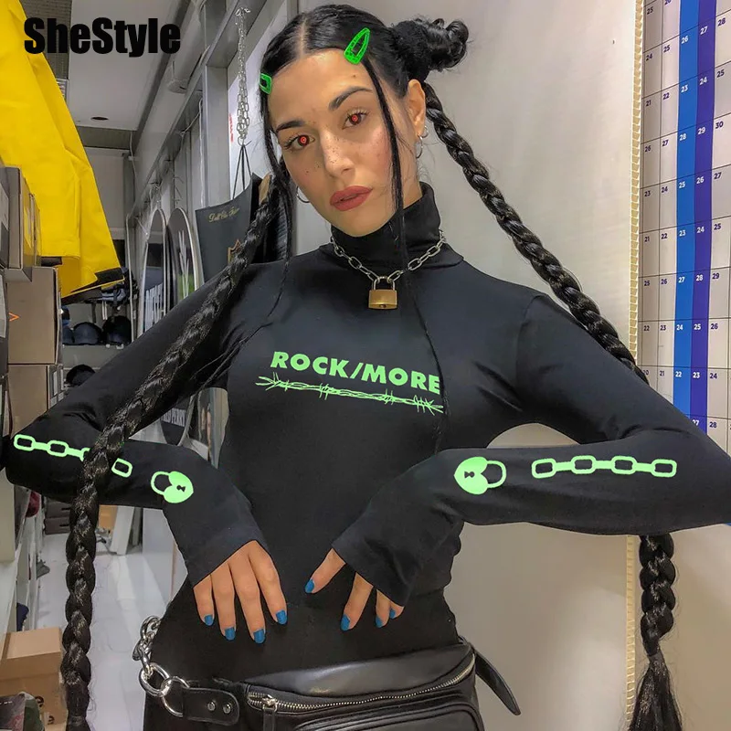 Shstyle/черные готические футболки с высоким воротом женские облегающие длинным