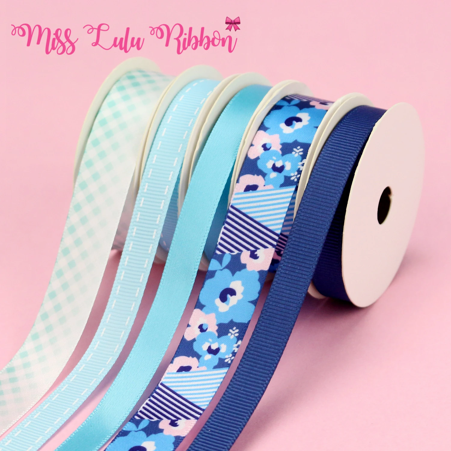 

7 Rolls 1 Meter/Roll 10mm Light Blue Plaid/Pure Color/Flower Printed Grosgrain Combination Clothes DIY Handmade Materials