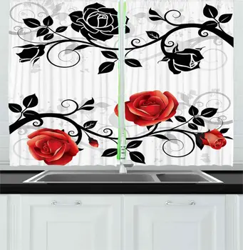 

English Garden Kitchen Window Curtains Abstract Backdrop Floral Rose Swirls Ivy with Leaves Spring Window for Kitchen Cafe Decor