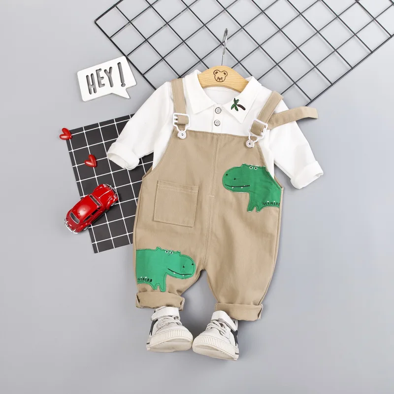 hema khaki Комплекты одежды для маленьких мальчиков коллекция года, весенне-осенние комплекты одежды для малышей Топы в полоску с длинными рукавами, рубашка+ комбинезон, комбинезон, костюм - Цвет: hema khaki