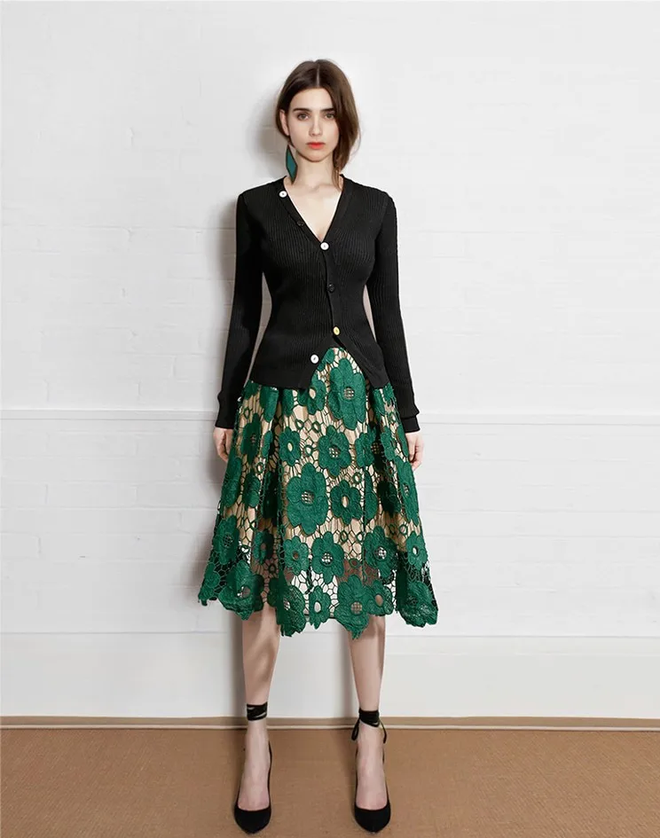 Кружевная открытая Цветочная юбка средней длины, летние женские платья - Цвет: Зеленый