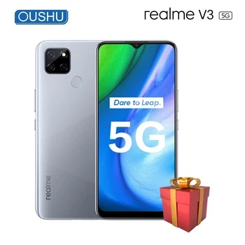 Перейти на Алиэкспресс и купить Оригинальный realme v3 5G мобильного телефона 6 г 128 5000 мА/ч, Батарея 18 Вт 13MP тройной задней Камера 6,5 ''большой Экран MediaTek 720 Смартфон