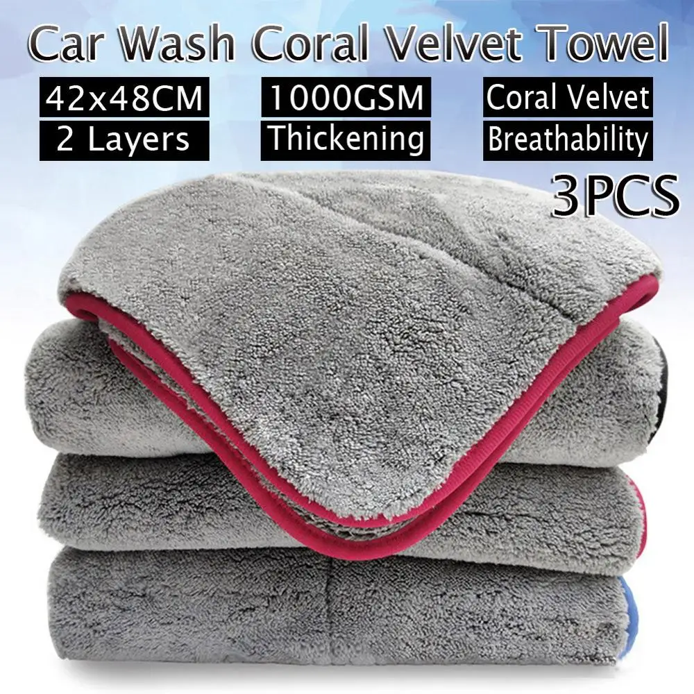 

NEW 1000GSM 3pcs Car Wash Car Detailing Coral Velvet Towel Car Cleaning Drying Cloth Thick Car Washing Rag for Car Care Cloth