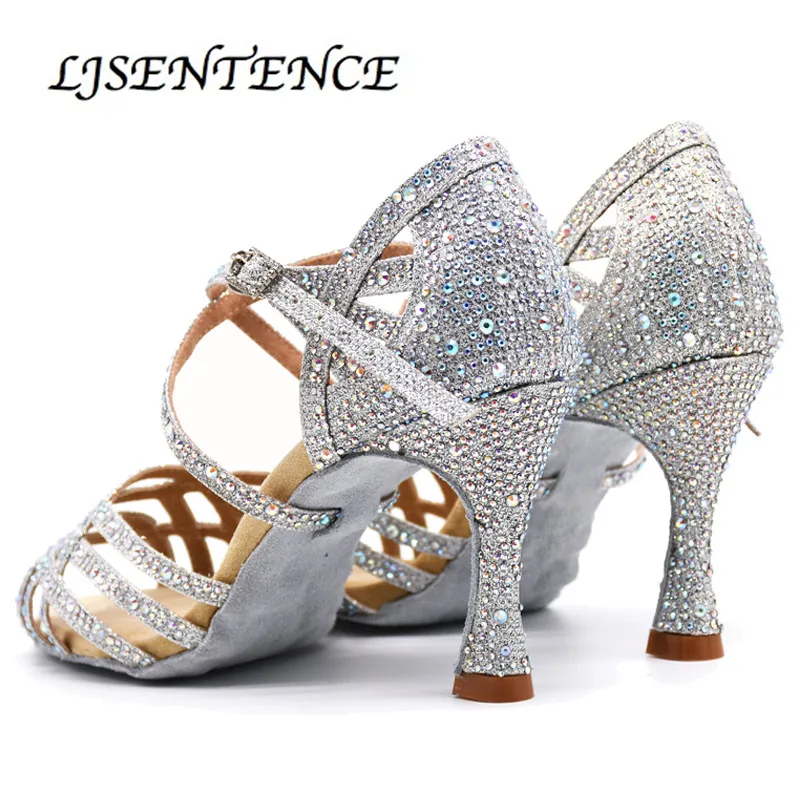 Ceny Srebrne buty na taniec towarzyski kobieta błysk tkaniny kolokacja połysk Rhinestone łacińskie buty do tańca damskie 9cm Flare Square Heel