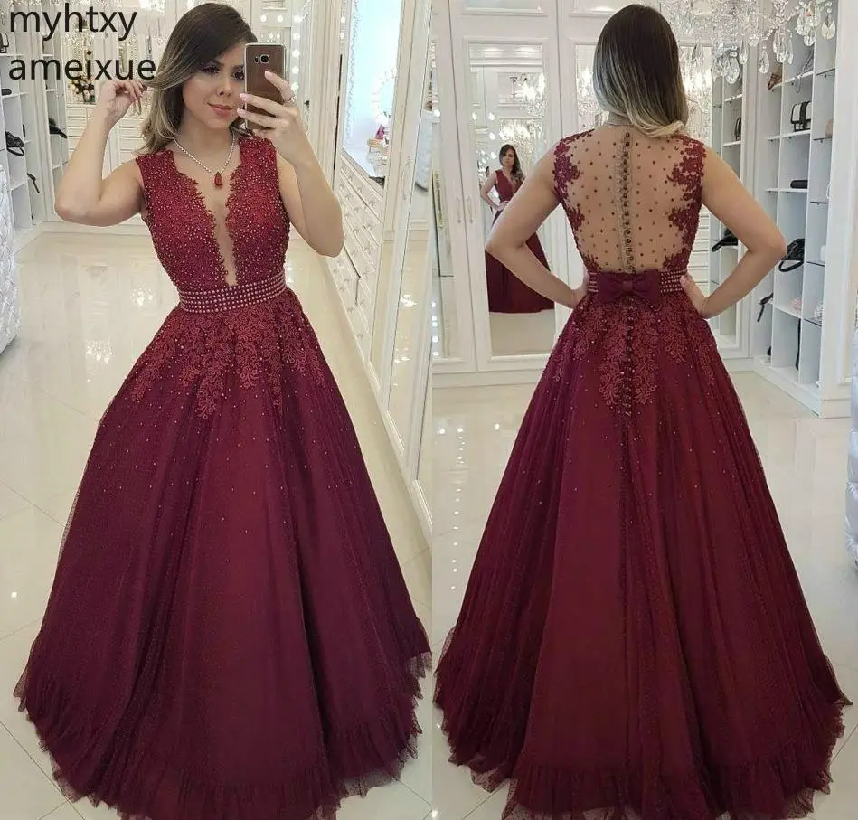 

2019 Sexy Long Red Prom Dress Burgundy Backless Sleeveless Evening Party Gown Custom Made Plus Size Prom Dress Elegant Ballgown