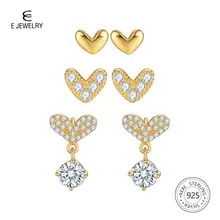 E 925 Sterling Silver Heart Earrings for Women 18K Gold Plated Love Stud Earring White Zircon 3 Pairs Fashion Jewelry Ears Set