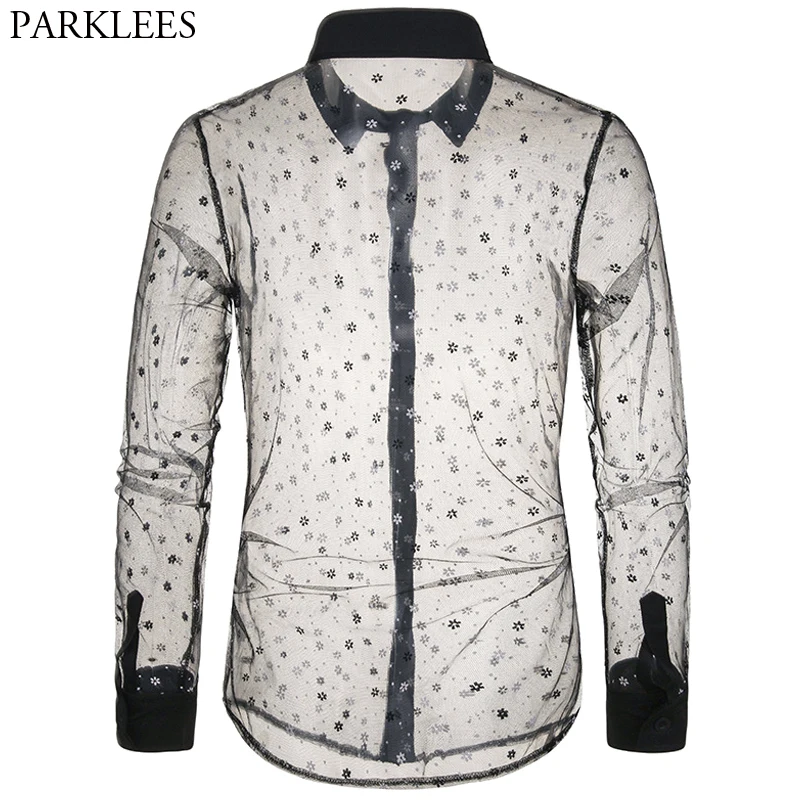 Koop Sexy Black Lace Shirt Mannen Nieuwe See Through Heren Dress Shirts Lange Mouwen Bloemen Transparante Night Club Stage Dance Chemise homme