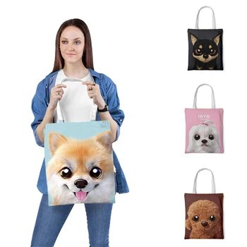 

Cute Dog Printed Shopping Bag Large Capacity Canvas Tote Bag Cloth Reusable Bag Beach Handbags Shopping Bags sacchetto