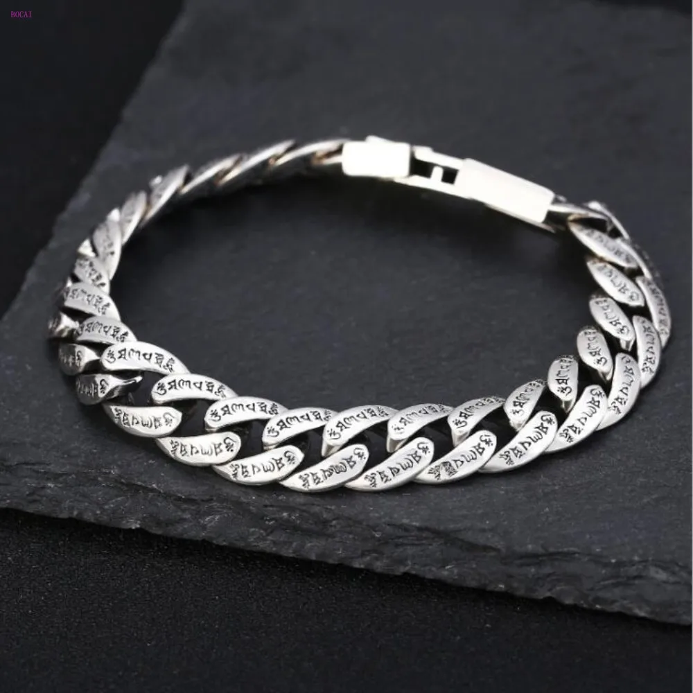 S925 чистый серебряный браслет с орнаментом, индивидуальная классика, популярный Ретро стиль, шесть символов, истина, мужской тайский серебряный браслет для мужчин