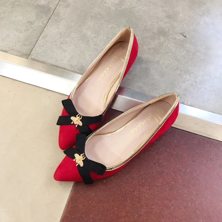 

2019 New Style Suede Mixed Colors Bow Small Bee Pointed Shallow Mouth Comfortable Flat Top Shoes