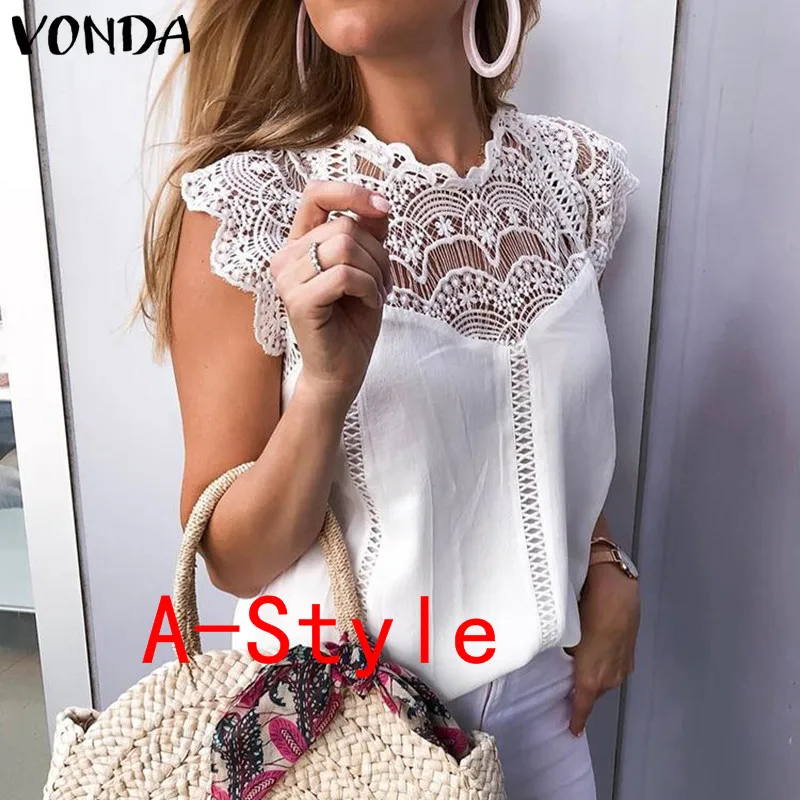 VONDA 2020 женская блузка туника Сексуальная кружевная рубашка без рукавов Офисная