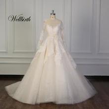 Реальное изображение Wellbirth Vestido de novia милое кружевное бальное платье трапециевидной формы с бисером свадебное платье с длинными рукавами TT006