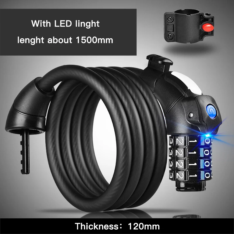 Black(150cm) Велосипедный замок, 1,5 м, 1,8 м, велосипедный кабельный замок, Противоугонный, 4 цифры, пароль, безопасность, Велосипедные замки, светодиодный светильник, Аксессуары для велосипеда - Цвет: Black(150cm)