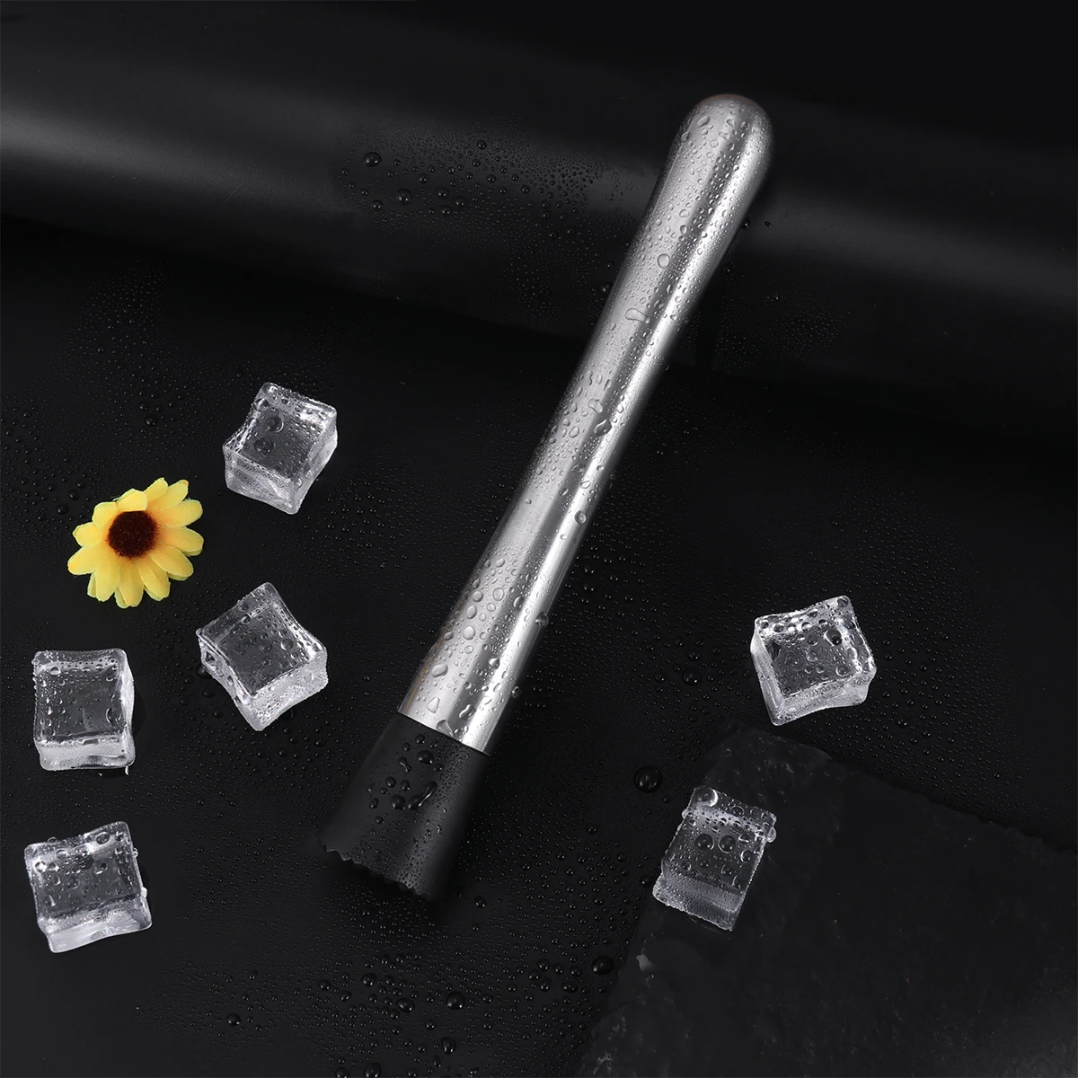 OUNONA Stainless Steel Cocktail Muddler Wine Stirrer Ice Crusher Stick with Grooved Plastic