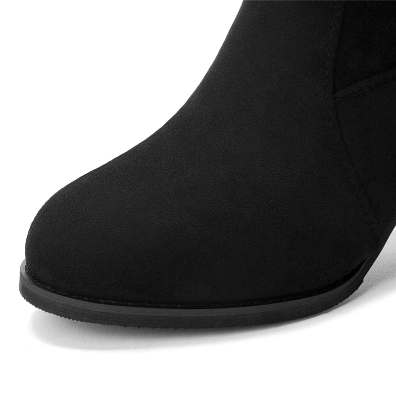Ботинки женские классические высокие сапоги из флока на квадратном каблуке с молнией в стиле ретро женские зимние сапоги до колена черного цвета; большие размеры#5