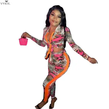 

2020 Spring Tracksuit Women Set Full Sleeve Lace Up Suit Print Two Piece Set Top And Pants Casual Fitness Night Club Outfits