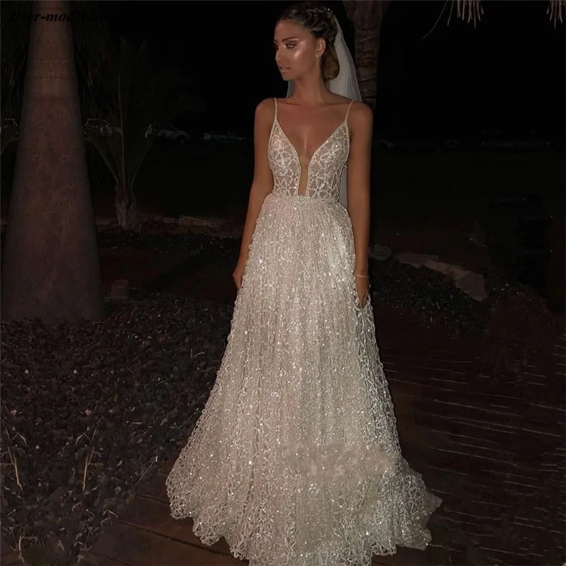 

Shiny Wedding Dresses 2020 V-Neck Spaghetti Backless A-Line Modest Bride Dress Bridal Gowns Vestido De Noiva