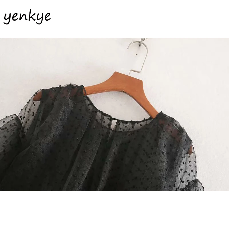 Женское винтажное черное лоскутное мини-платье в горошек, женское сексуальное летнее платье с круглым вырезом и полупрозрачным рукавом-фонариком CCWM9503