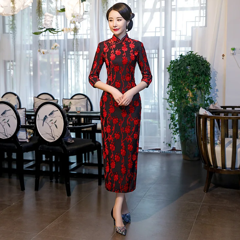 Сексуальное женское длинное платье Cheongsam в китайском стиле с рукавом три четверти, весеннее тонкое платье для вечеринок Vestido M-5XL - Цвет: style - 1
