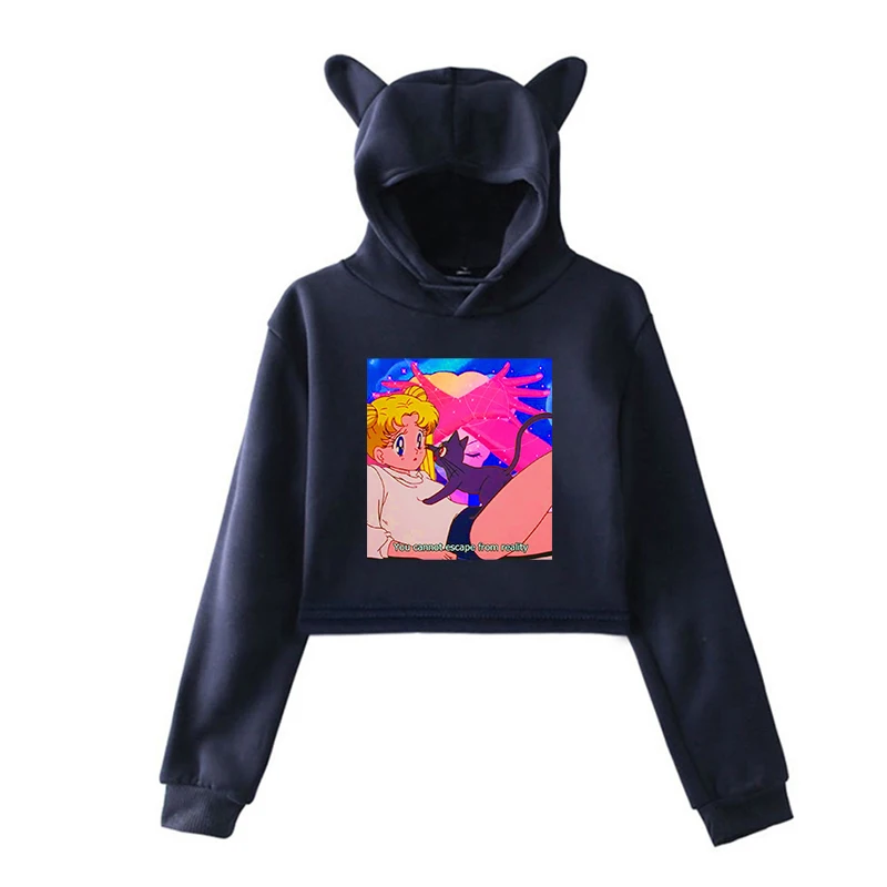 Унисекс с длинным рукавом Короткие толстовки Сейлор Мун эстетические Kawaii кофты осень Забавный пуловер с капюшоном для женщин мужчин хип хоп одежда