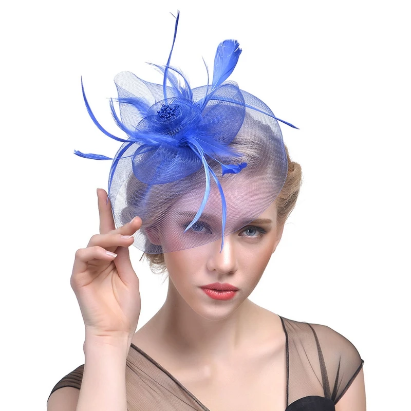 Beauty Emily Women Fascinator Bridal Mesh Flower Hair Clip Many Colors Available Feather Hat for Wedding Party