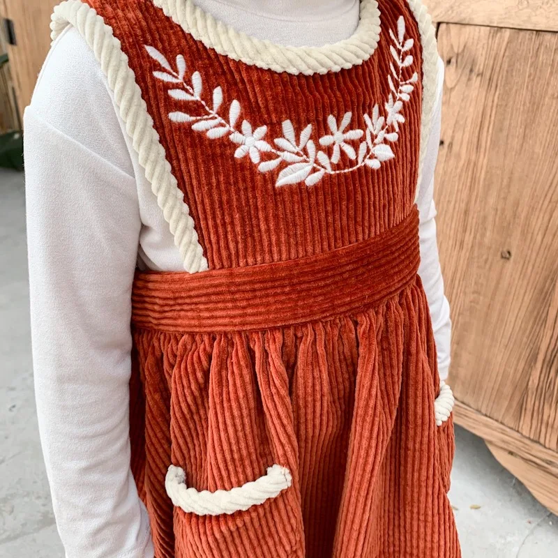 Caramel Kids Girls Fall Corduroy Dress Toddler Girl Winter Vintage Embroidered Dress Quality Baby Girl Autumn Clothes Pocket