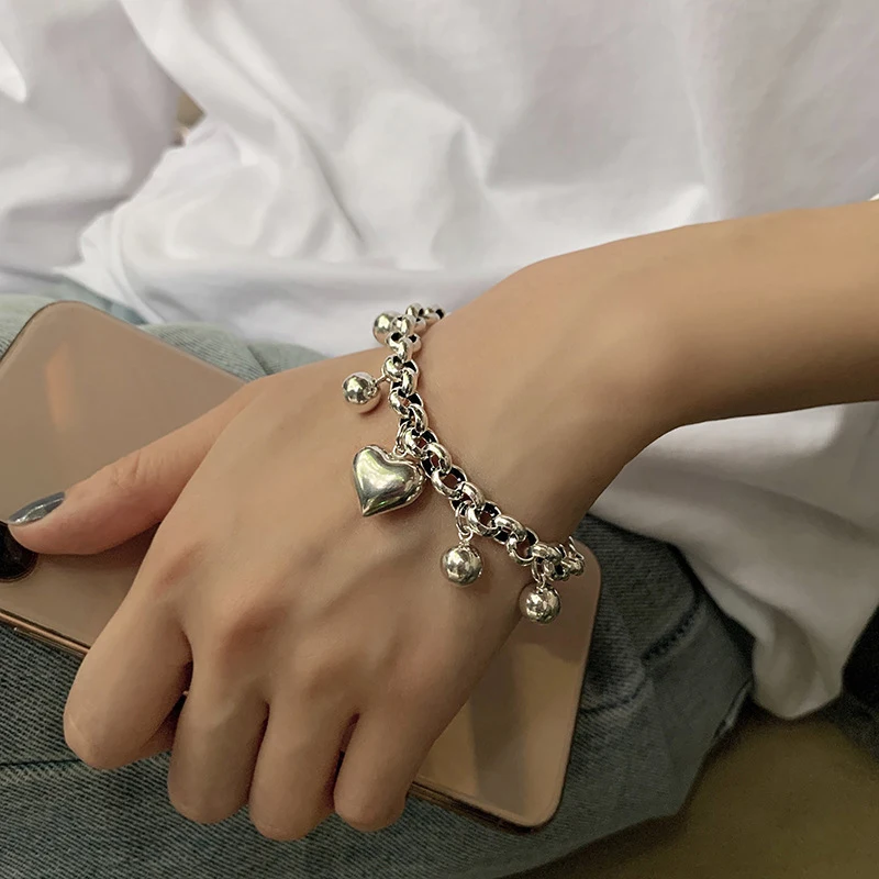 FOXANRY Winter New Silver Color LOVE Heart Bracelet for Women Fashion Creative Balls Pendant Birthday Party Jewelry Gifts