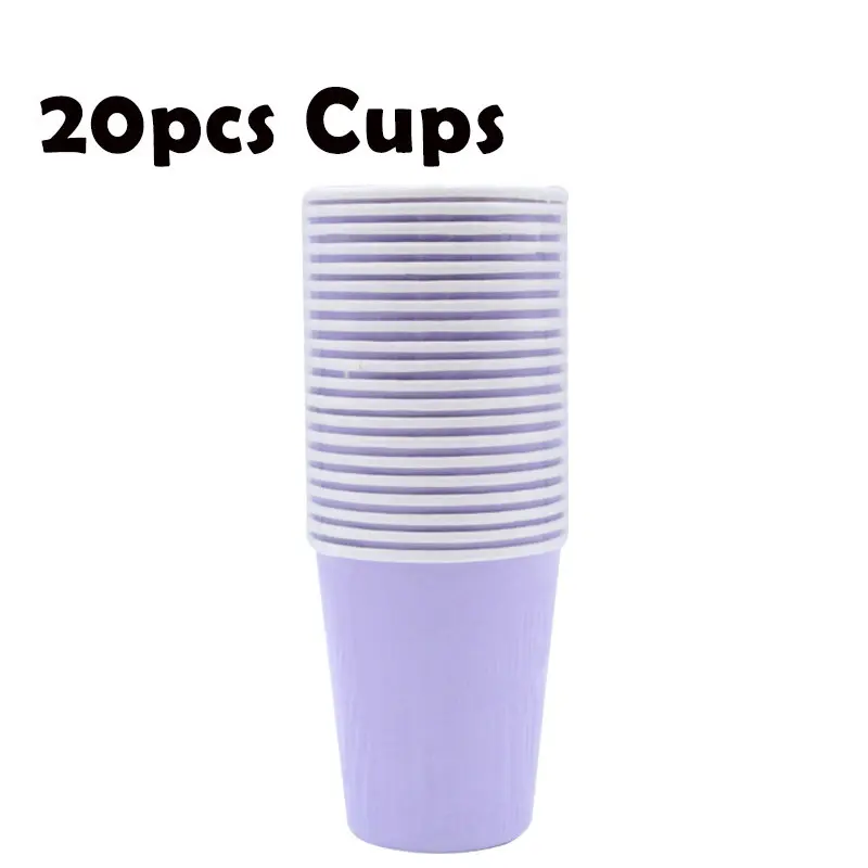 Cups 20pcs Вечерние принадлежности для мероприятий, однотонные фиолетовые одноразовые салфетки для сервировки, юбилейные чашки для дня рождения, соломинки, тарелки для девочек - Цвет: Cups 20pcs