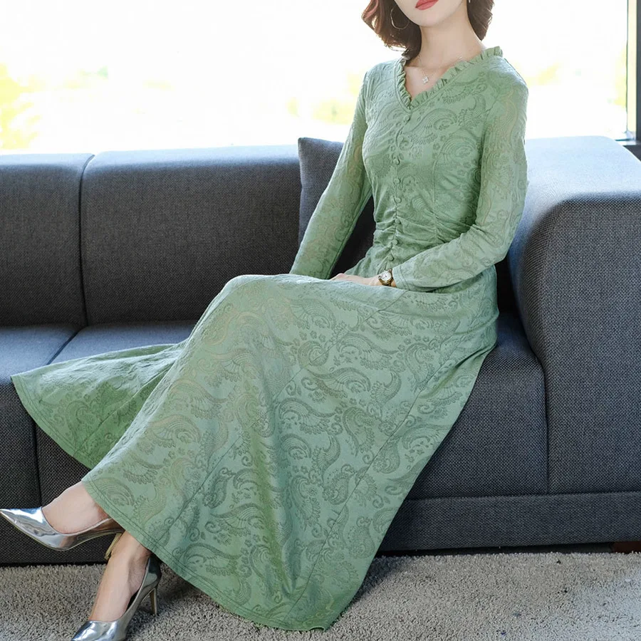 2019 Female Vintage Green Midi Dress Autumn Winter New 3XL Plus Size Long Sleeve Maxi Elegant Women Bodycon Party Vestidos | Женская
