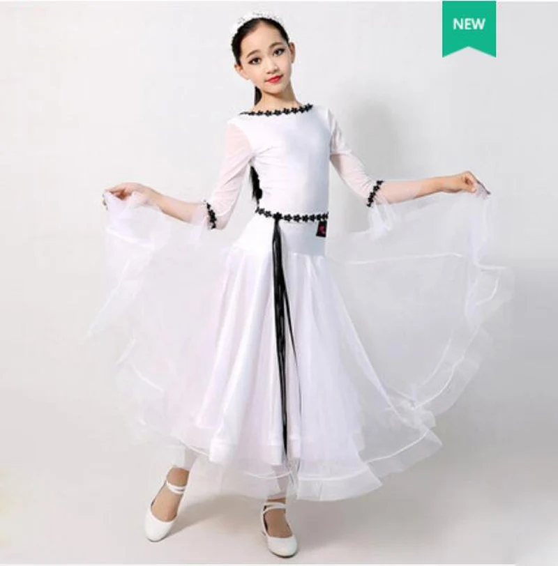 Стандартный бальное платье для танцев es детская одежда белого цвета с длинными рукавами вальс Танцы мини-юбка для девочек, классическое платье для танцев