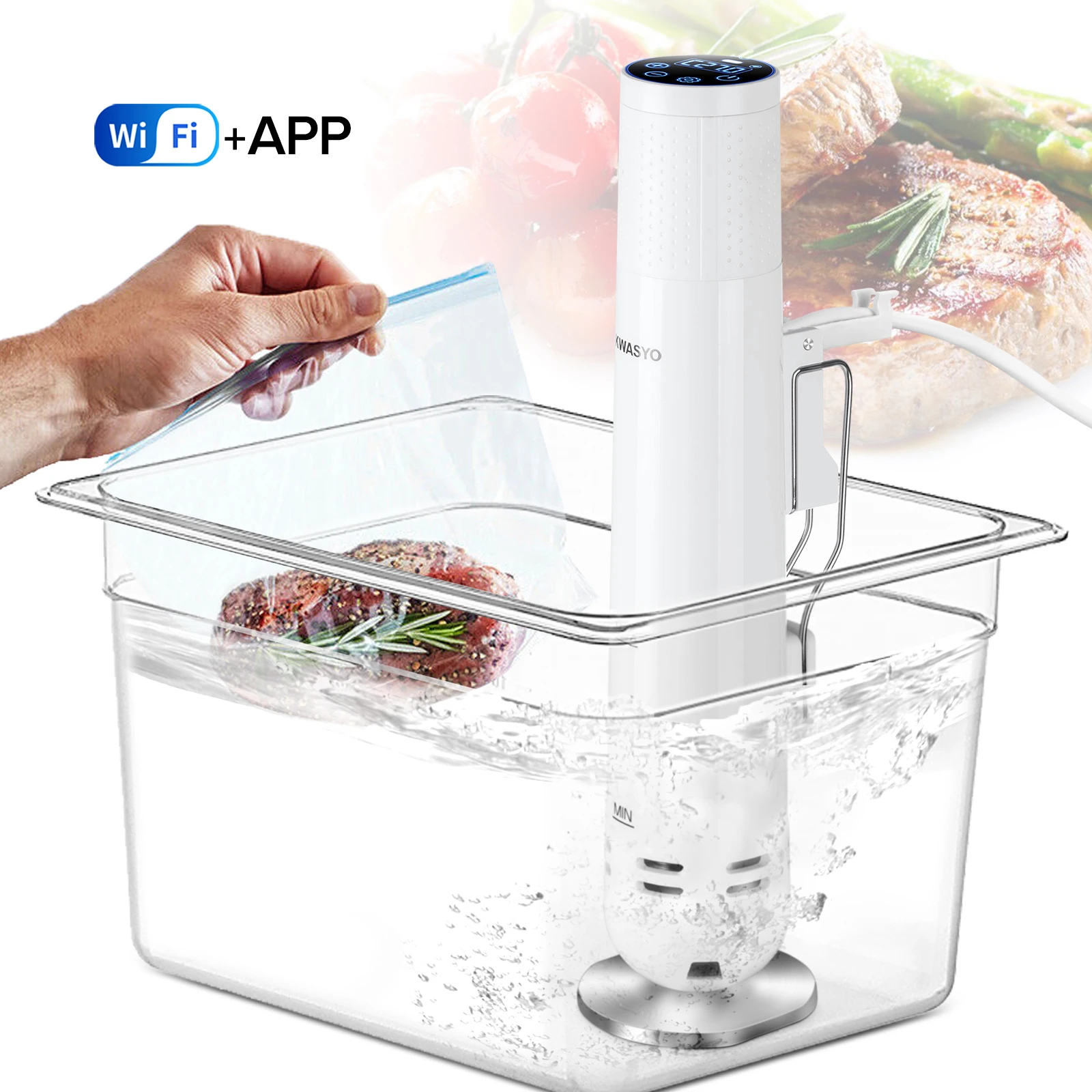 

KWASYO Slow Cooker Vacuum Slow Sous Vide Food Cooker 1000W Powerful Immersion Circulator -Wifi App Smart Control Timer Display