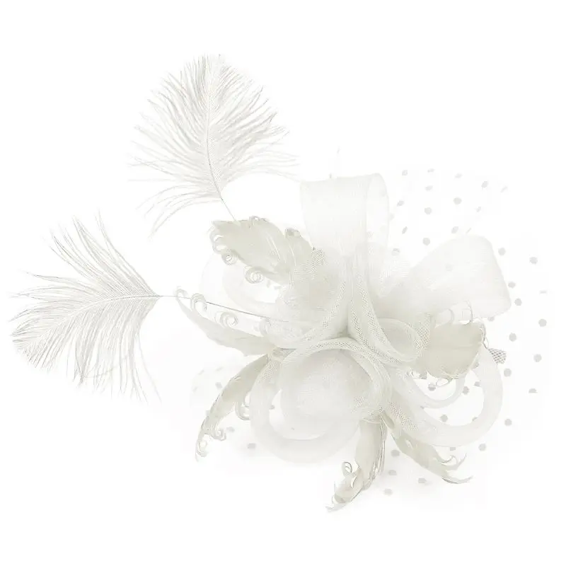 Women Netting Big Flower Headband Feather Fascinator Hair Hoop Party Headwear - Цвет: Pure White