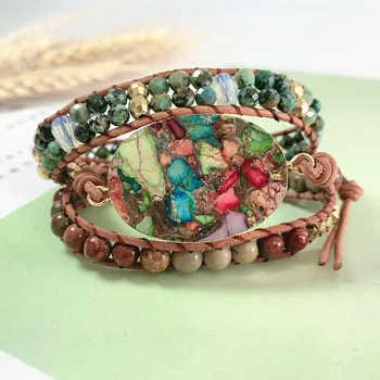 

Bohemia Style Colored Natural Stone Bracelet Handmade Multi-layer Leather Wrap Bracelet for Female Party Gift Jewelry Wholesale